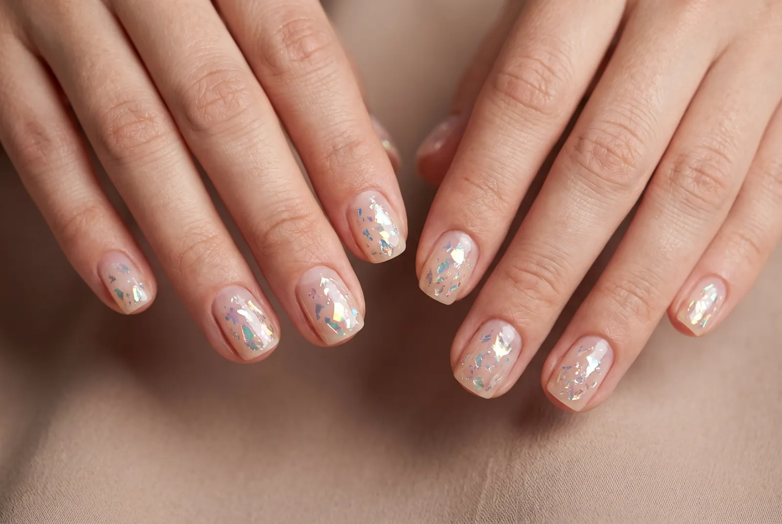 Nude nagels met iriserende flakes die op gebroken glas lijken