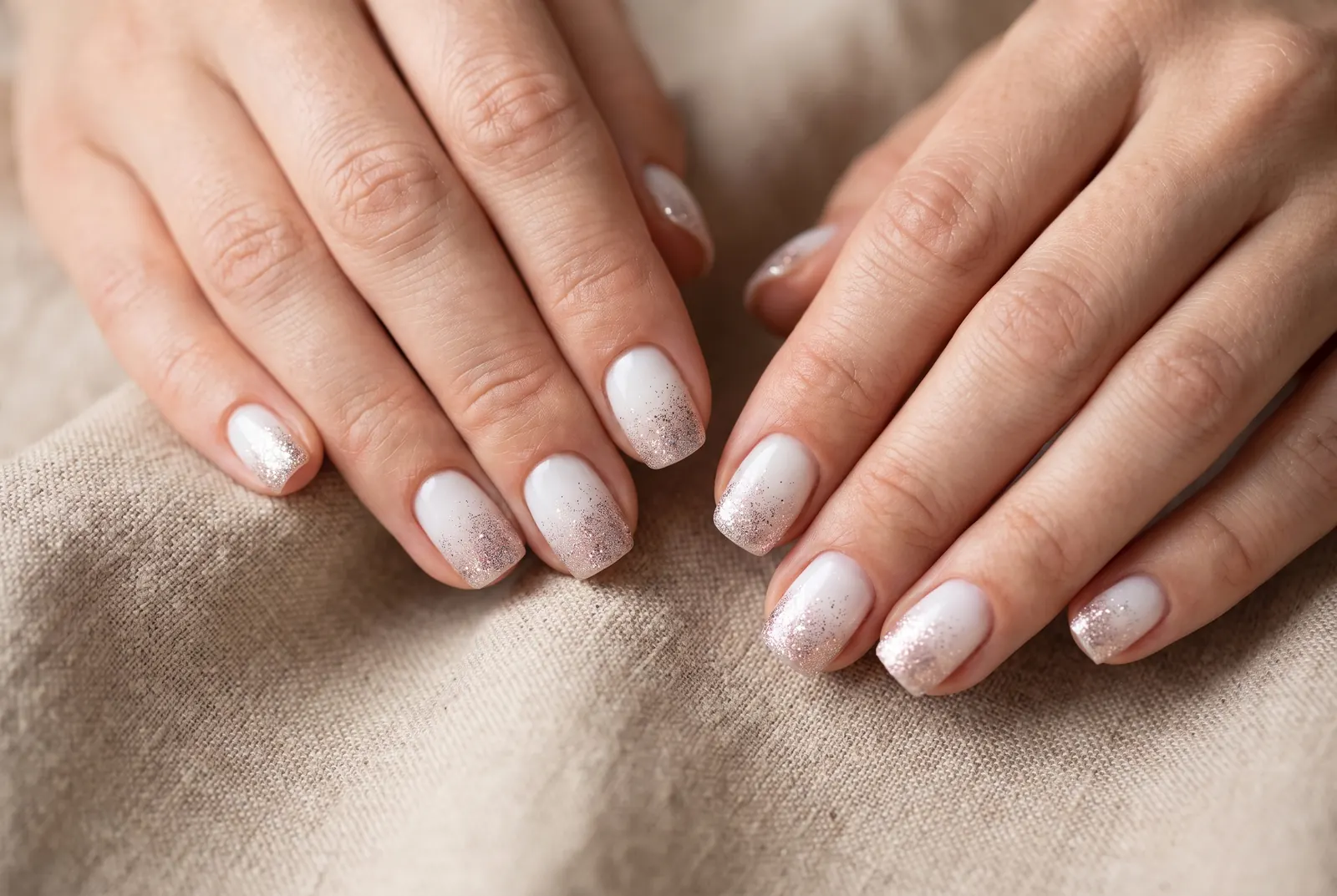 Melkwitte nagels met een glitterverloop vanuit de tips