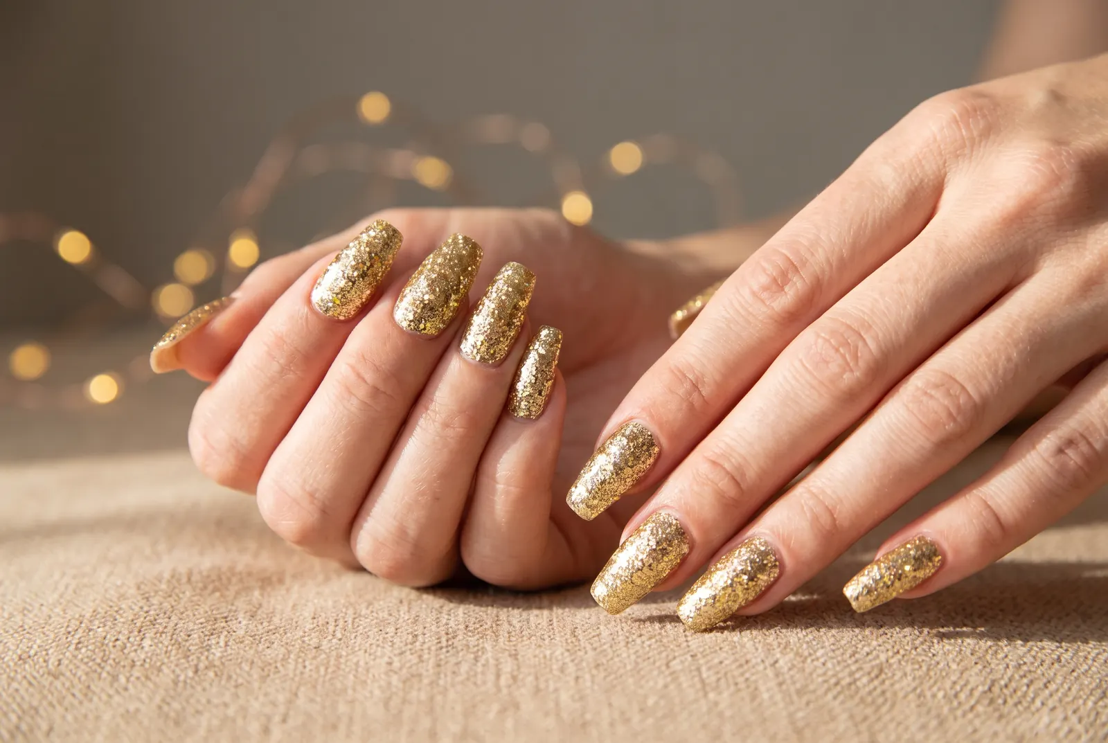 Lange coffin nagels vol grove gouden glitter, met feestlichtjes op de achtergrond